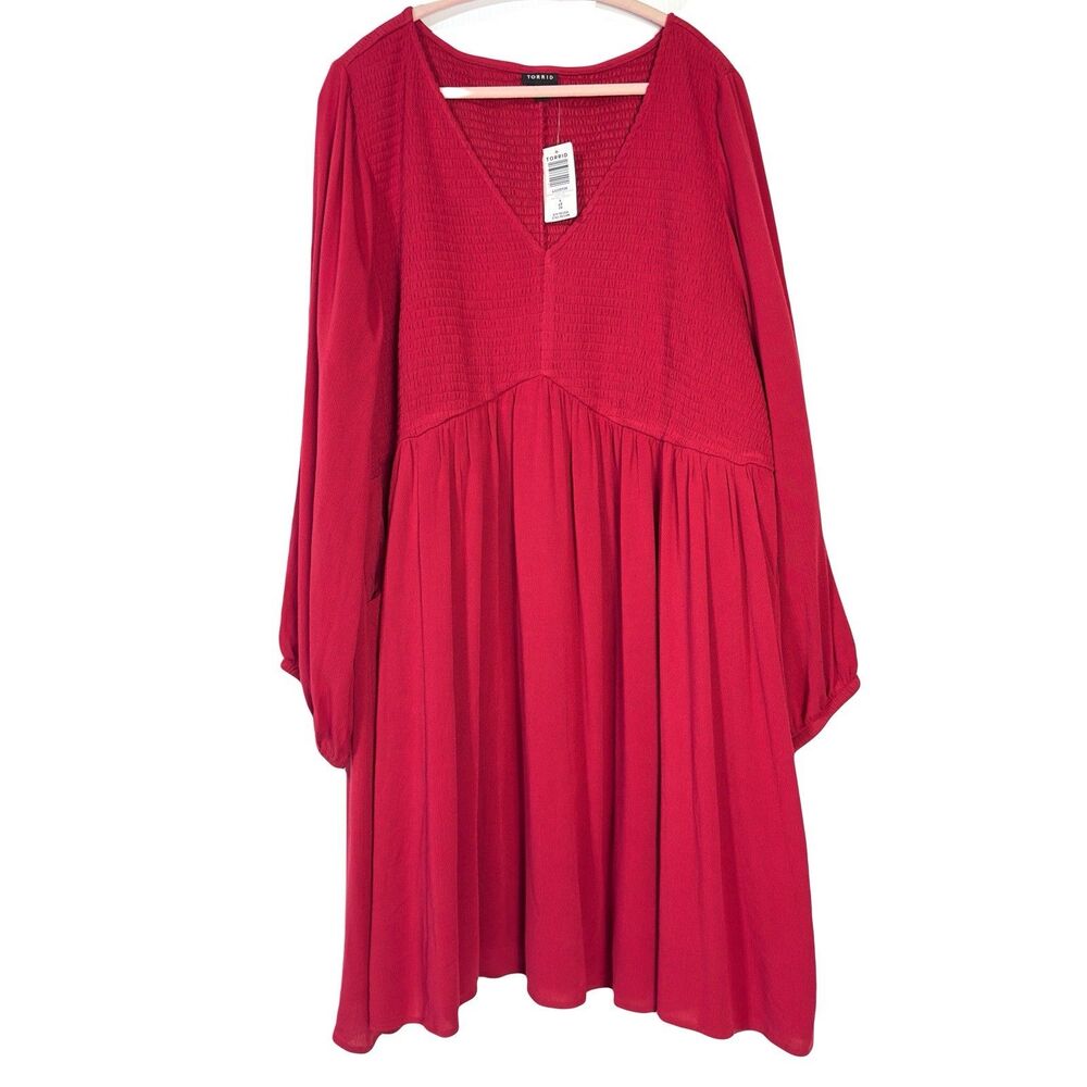 Torrid Red Smocked Gauze Babydoll Dress Size 4X 26 Long Sleeve Pockets Gauzy NWT